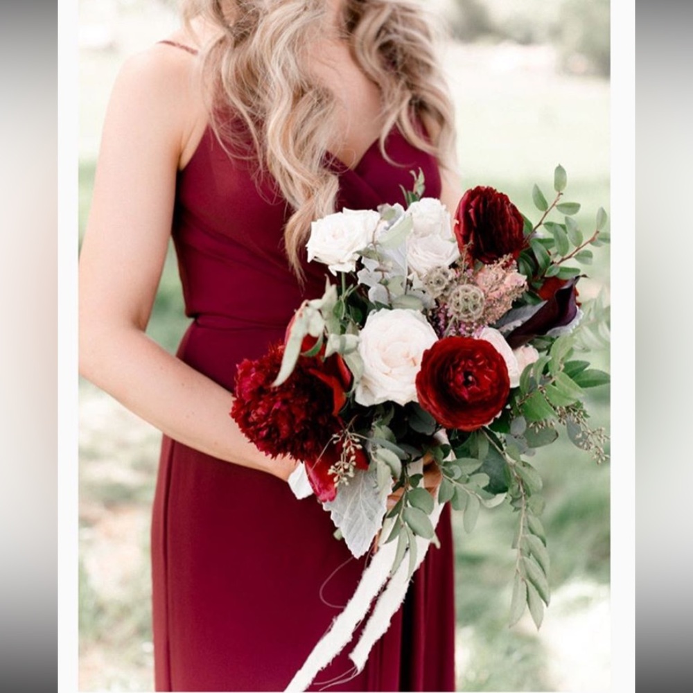 David's Bridal Deep Wine Wrap Maxi Dress